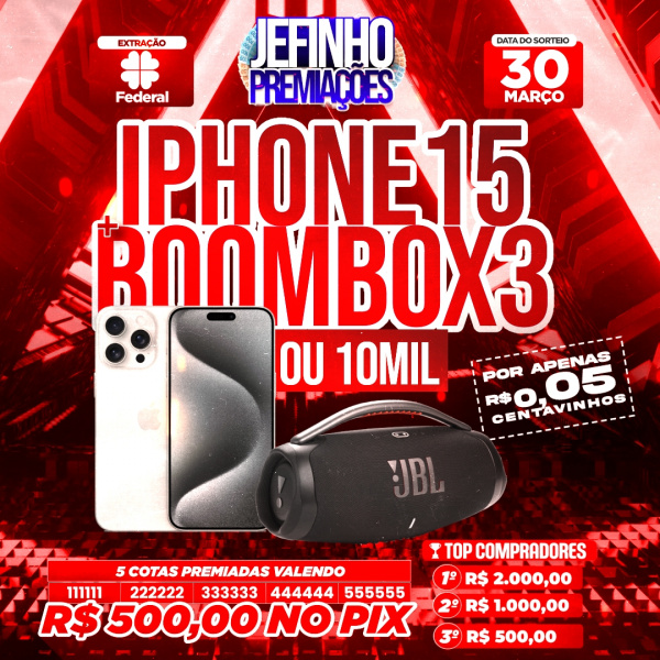 iPhone 15 pro Max mais JBL boom box 3 ou 10 mil reais no seu pix,por apenas 5 centavos