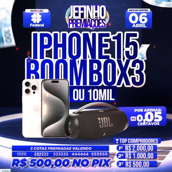 IPHONE 15 PRO MAX + JBL BOOM BOX 3 OU 10 MIL REIAS NO SEU PIX 