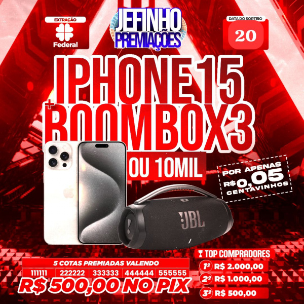 iPhone 15 pro max + jbl boom box 3 ou 10 mil no seu PIX por apenas 5 centavos